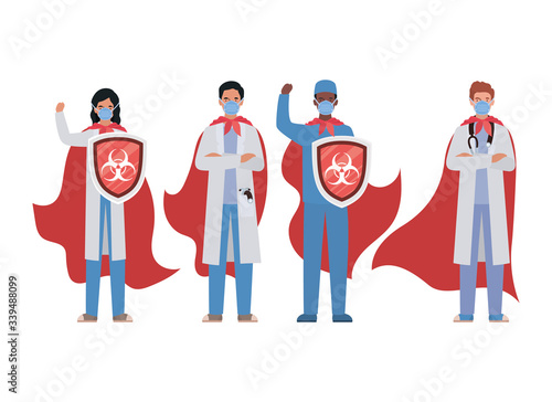 woman and men doctors heroes with capes and shields against 2019 ncov virus vector design