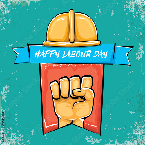 Happy labour day vector label with strong orange fist isolated on grunge turquoise background. vector happy labor day background with man hand. red workers may day poster