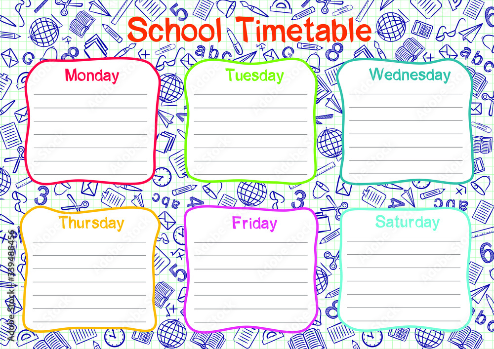 Template of a school schedule for 6 days of the week for students. Vector illustration in colored doodle styles. Includes hand-drawn elements on a school theme.