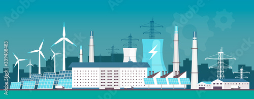 Eco friendly power plant flat color vector illustration. Alternative energy factory 2D cartoon landscape with wind turbines and solar panels on background. Environmentally safe electricity source