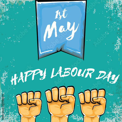 Happy labour day vector label with strong orange fist isolated on grunge turquoise background. vector happy labor day background with man hand. red workers may day poster