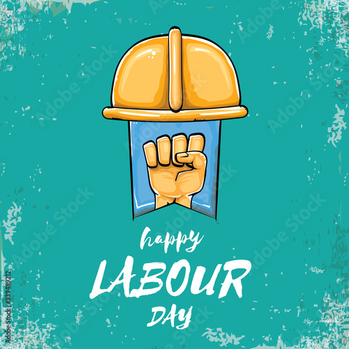 Happy labour day vector label with strong orange fist isolated on grunge turquoise background. vector happy labor day background with man hand. red workers may day poster
