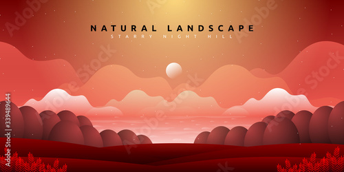 fantasy forest nature landscape with starry night sky background at sea coast
