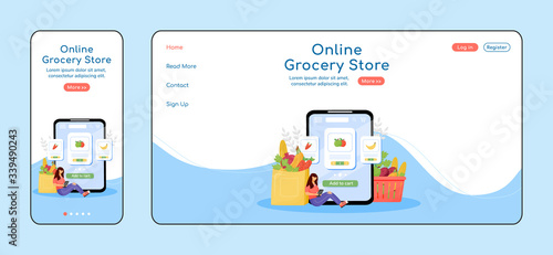 Online grocery store adaptive landing page flat color vector template. Internet order mobile and PC homepage layout. Fresh greens one page website UI. Fruits and veggies webpage cross platform design