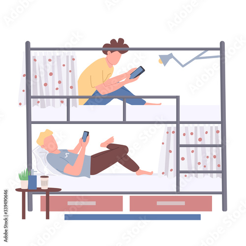 Roommates, friends flat color vector faceless characters. College students sharing bunk bed isolated cartoon illustration for web graphic design and animation. Hostel, dormitory accommodation