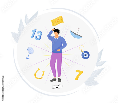 Common superstitions flat concept vector illustration. Superstitious man 2D cartoon character for web design. Guy surrounded with good and bad luck symbols. Irrational fear of unknown creative idea