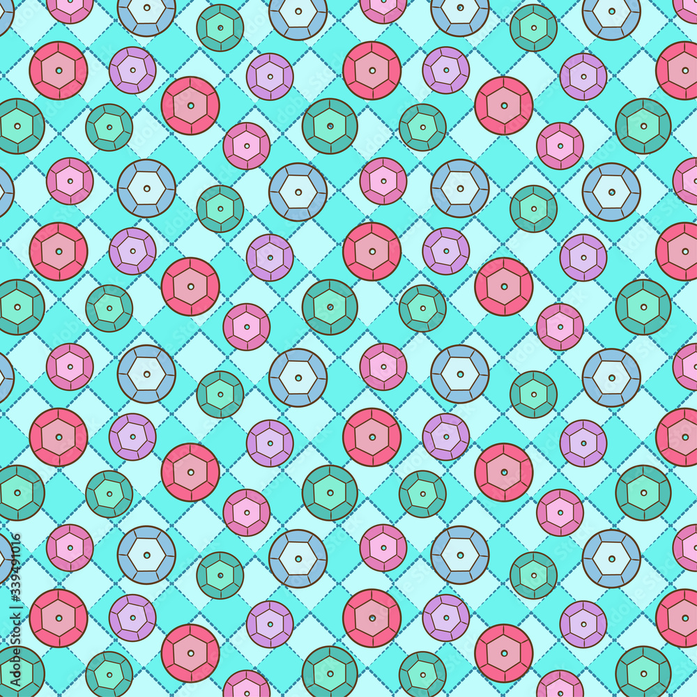 Round shaped colorful sequins on blue tartan ground with stitching. Round shaped colorful sequins on blue tartan ground with stitching.