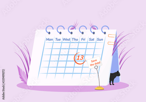 Friday 13th flat concept vector illustration. Calendar and black cat 2D cartoon composition for web design. Common superstition, unlucky day creative idea. Sinister calendar date, bad omen