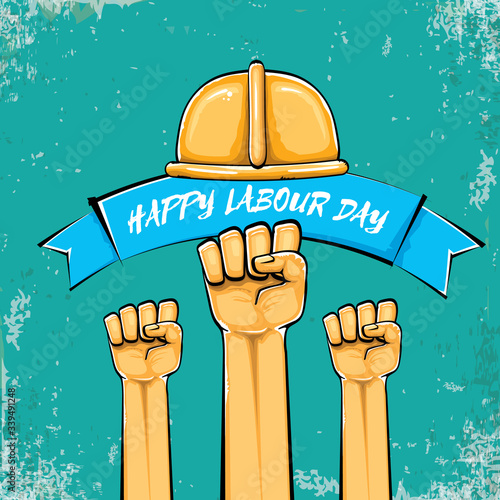 Happy labour day vector label with strong orange fist isolated on grunge turquoise background. vector happy labor day background with man hand. red workers may day poster