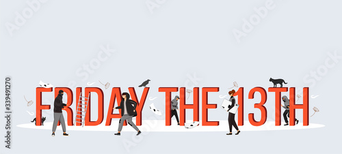 Friday the 13th word concepts flat color vector banner. Isolated typography with tiny cartoon characters. Bad luck signs and criminals. Superstitious date creative illustration on gray