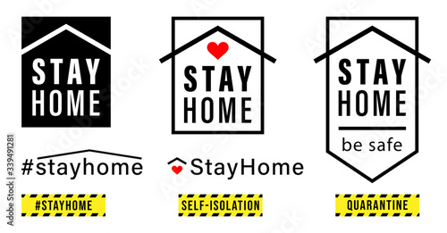STAYHOME emblem set. Stay home hashtag. Self isolation emblem for quarantine times. Vector illustration.
