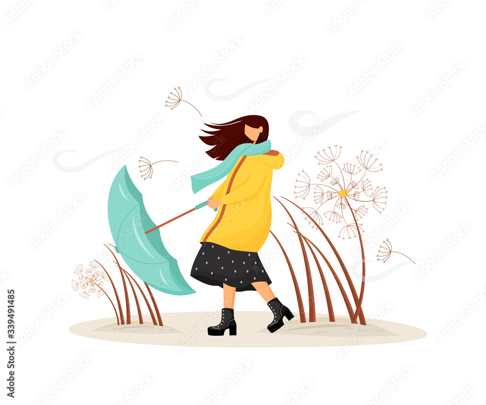 Windy weather flat concept vector illustration. Woman in coat with ...