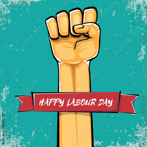 Happy labour day vector label with strong orange fist isolated on grunge turquoise background. vector happy labor day background with man hand. red workers may day poster