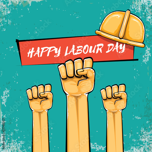 Happy labour day vector label with strong orange fist isolated on grunge turquoise background. vector happy labor day background with man hand. red workers may day poster