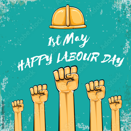 Happy labour day vector label with strong orange fist isolated on grunge turquoise background. vector happy labor day background with man hand. red workers may day poster