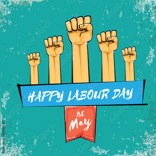 Happy labour day vector label with strong orange fist isolated on grunge turquoise background. vector happy labor day background with man hand. red workers may day poster