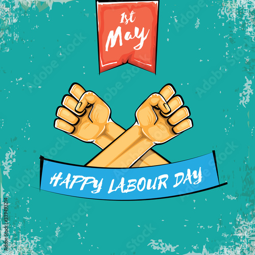 Happy labour day vector label with strong orange fist isolated on grunge turquoise background. vector happy labor day background with man hand. red workers may day poster