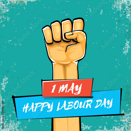 Happy labour day vector label with strong orange fist isolated on grunge turquoise background. vector happy labor day background with man hand. red workers may day poster