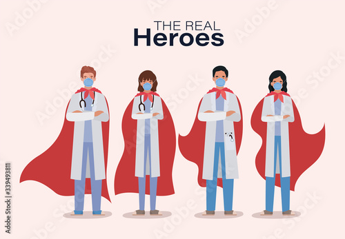 men and women doctors heroes with capes against 2019 ncov virus vector design