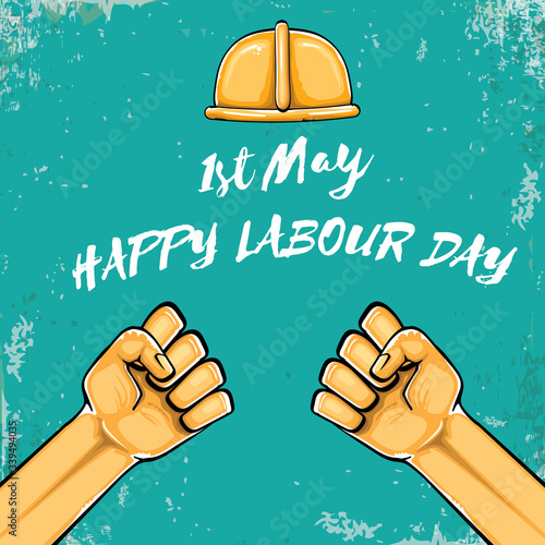 Happy labour day vector label with strong orange fist isolated on grunge turquoise background. vector happy labor day background with man hand. red workers may day poster