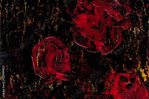 Roses on a black background. Abstract art background. Acrylic painting. Fragment of the canvas. Multicolor floral texture. Modern Art.