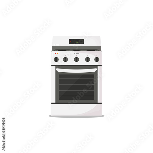 Kitchen modern stove. Gas or electric stove with oven. American style kitchen stove. White oven with knob wheels and glass door. Vector image. House kitchenware realistic vector illustration.