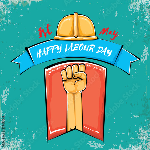 Happy labour day vector label with strong orange fist isolated on grunge turquoise background. vector happy labor day background with man hand. red workers may day poster