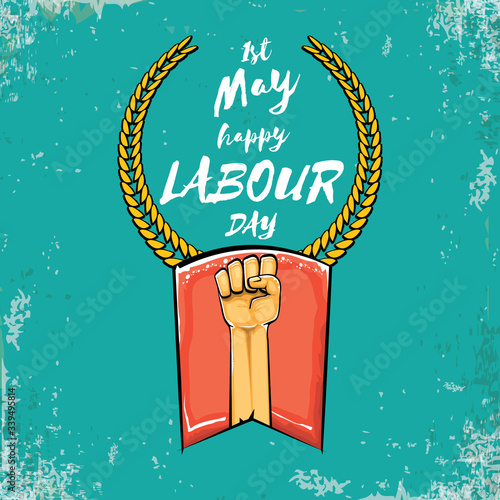 Happy labour day vector label with strong orange fist isolated on grunge turquoise background. vector happy labor day background with man hand. red workers may day poster