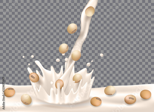 Soy milk with splash isolated on transparent background. Soy beans with milk pouring down for package design. 3d Vector illustration