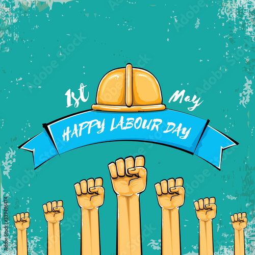 Happy labour day vector label with strong orange fist isolated on grunge turquoise background. vector happy labor day background with man hand. red workers may day poster