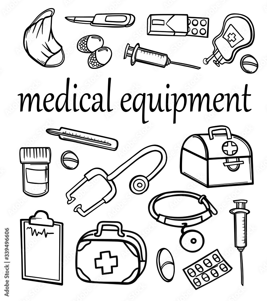 Plakat banner set equipment medical graphics objects treatment doctor pills stethoscope isolate vector illustration sketch outline stroke poster