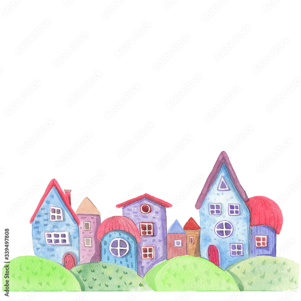 Naklejka premium Watercolor houses. Cute cartoon town. Hand painted illustration, isolated on white