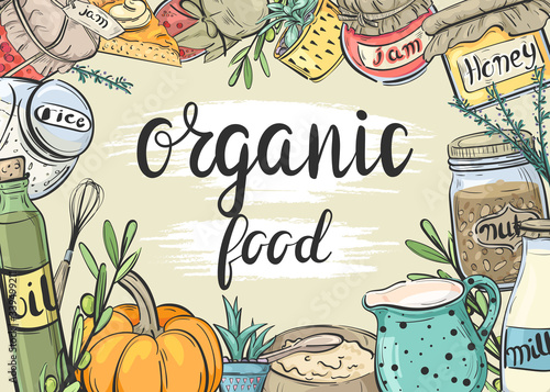 Organic  food. Banner with cooking utensils and products 