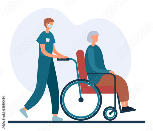 Cartoon male nurse pushing wheelchair with senior lady