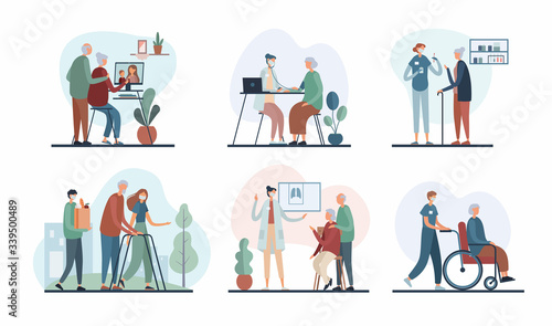 Set of cartoon images about giving care to seniors