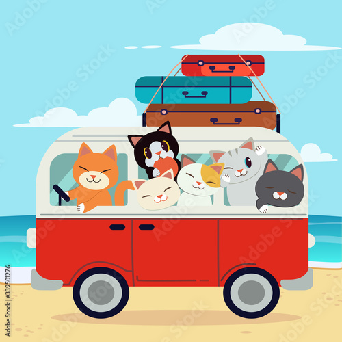 The character of cute cat driving the van on the beach and blue sky. The character of cute cat go to the holiday trip. The bag on the van. The character of cute cat in flat vector style.