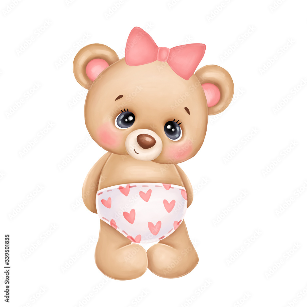 Cute teddy bear girl with a pink bow and hearts on a white background  Illustration Stock | Adobe Stock