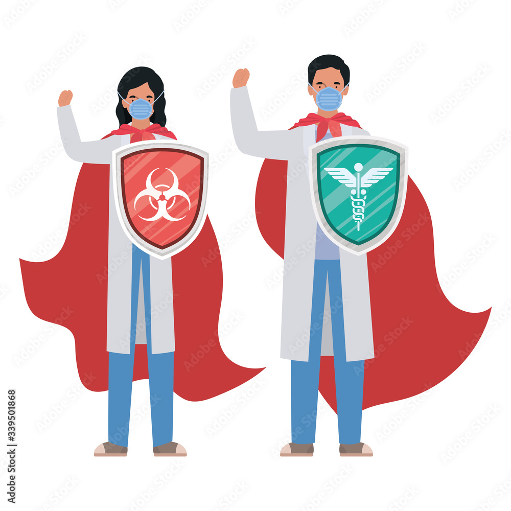 woman and man doctors heroes with capes and shields against 2019 ncov virus vector design woman and man doctors heroes with capes and shields against 2019 ncov virus vector design