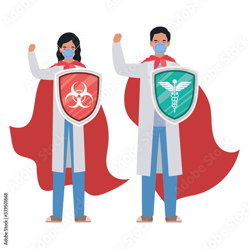woman and man doctors heroes with capes and shields against 2019 ncov virus vector design