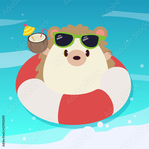 The character of cute hedgehog wear a sunglasses with coconut juice and rubber ring on the blue sea. The character of cute hedgehog with summer theme. The character of cute hedgehog in flat vector.