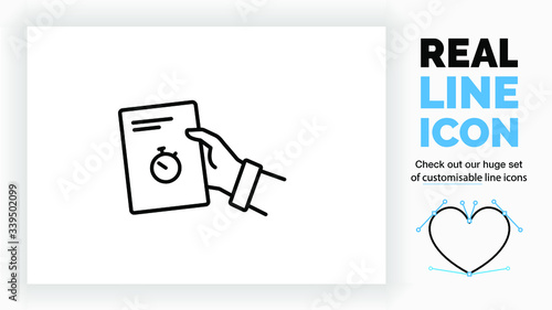 Editable line icon of a person giving a document with a stopwatch with his hand part of a huge set of customisable line icons and linear stick figures! 