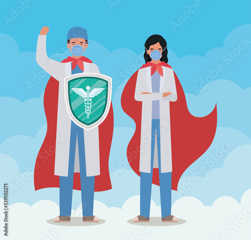 man and woman doctors heroes with capes and shield against 2019 ncov virus vector design