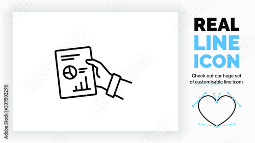 Editable line icon of a person giving a document about SEO marketing with his hand part of a huge set of customisable line icons and linear stick figures! 