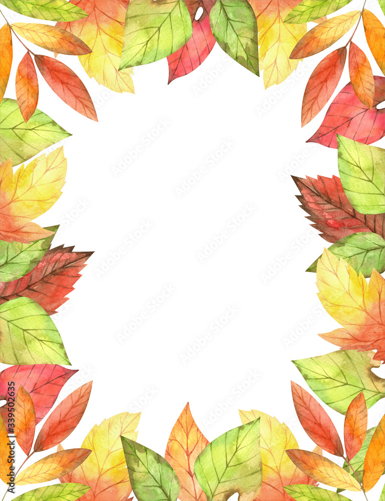 Autumn watercolor frame with colored fall leaves on a white background. Gold geometric frame. Ideal for design banners, leaflets, post card, scrap booking