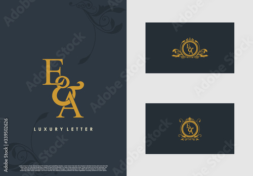 EA logo initial vector mark. Gold color elegant classical symmetric curves decor.