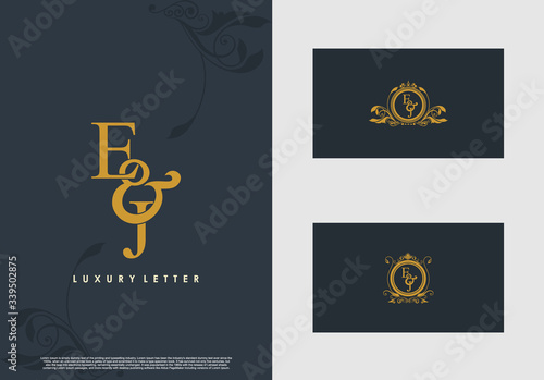 EJ logo initial vector mark. Gold color elegant classical symmetric curves decor.