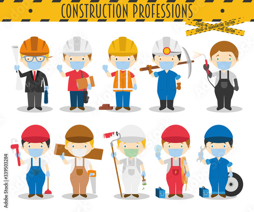 Covid 19 Health Emergency Special Edition: Vector Set of Construction Professions with surgical masks and latex gloves in cartoon style