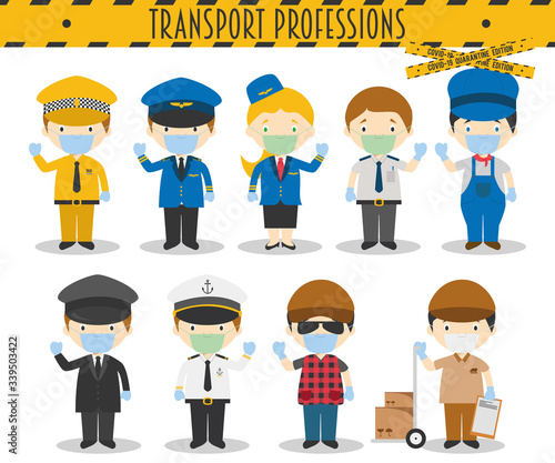 Covid 19 Health Emergency Special Edition: Vector Set of Transport Professions with surgical masks and latex gloves in cartoon style