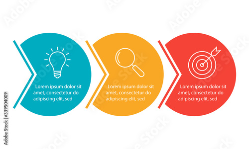 Info graphic for business presentation with 3 steps or option. Timeline infographics template with colorful circles and outline icons. Three parts for workflow layout design. Vector illustration.