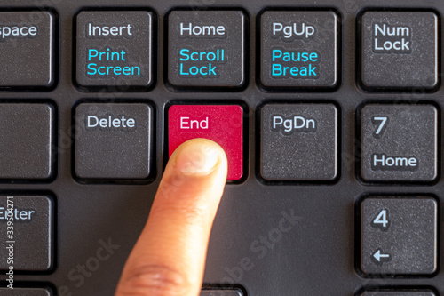 End key highlight with Red color, with finger pressing button on keyboard isolated on white